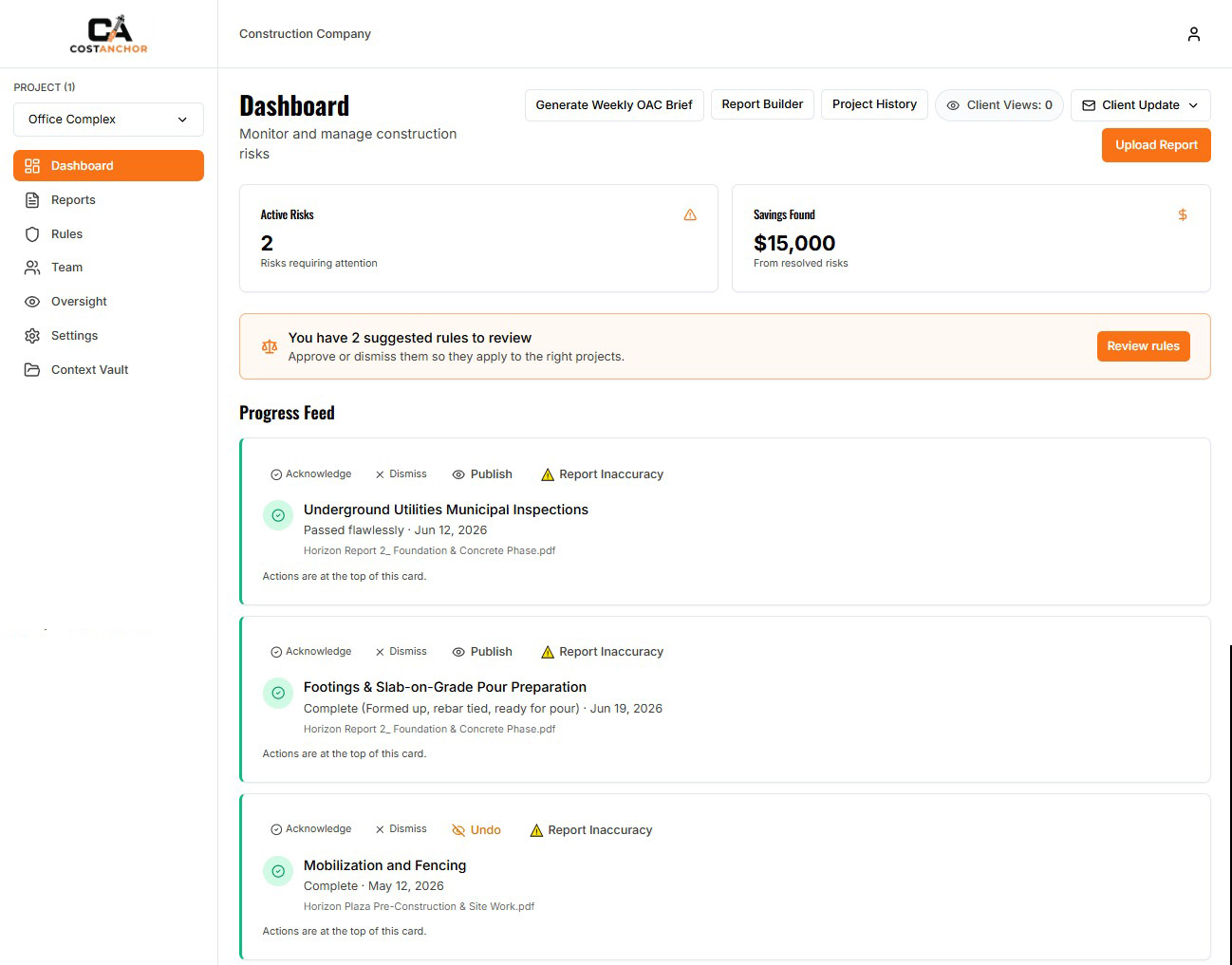 CostAnchor progress feed — work on track and going well